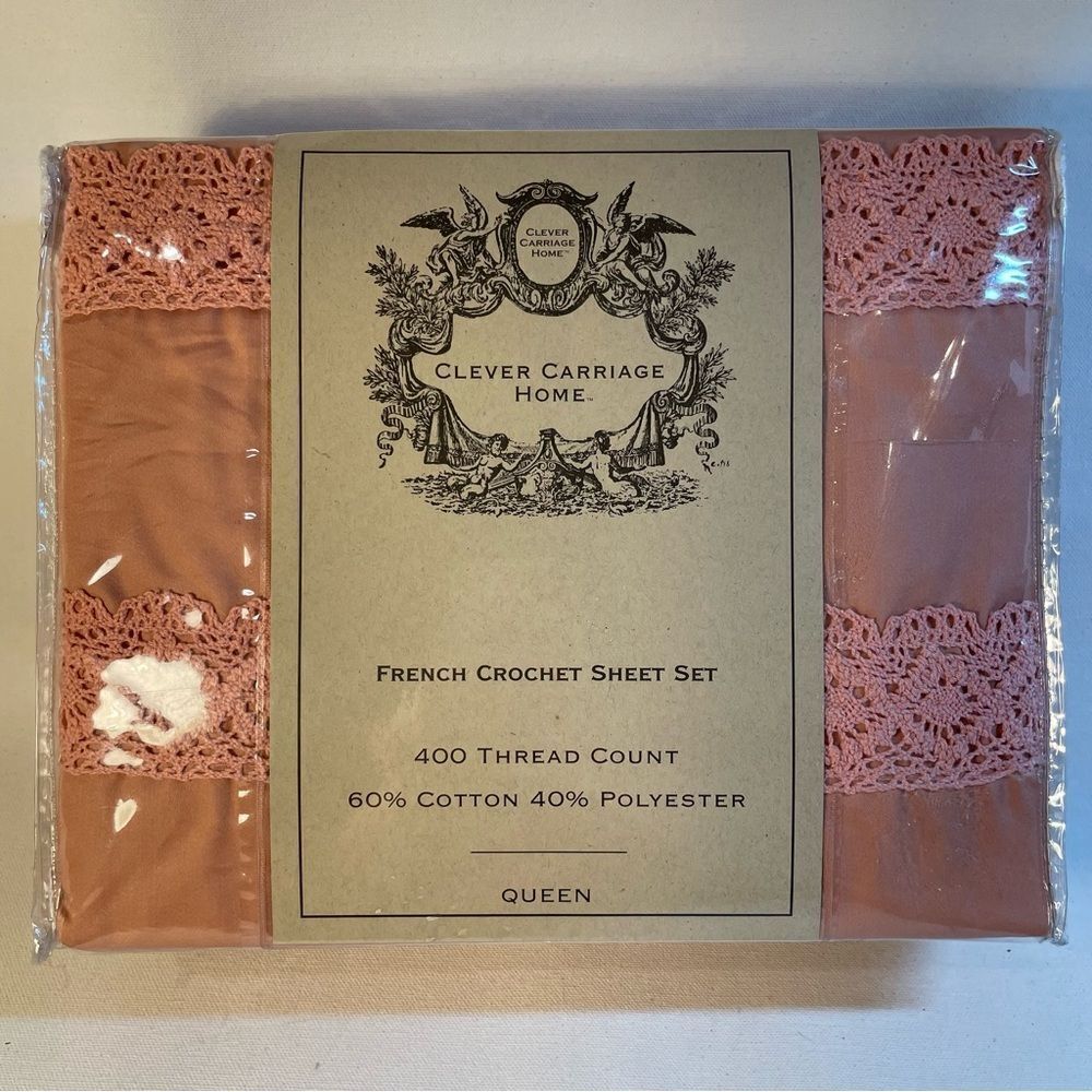 Clever carriage French crochet queen sateen sheets set in rose nib brand new
